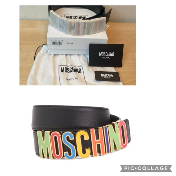 MOSCHINO Black Multicolor Text Logo Buckle Italian Leather Belt